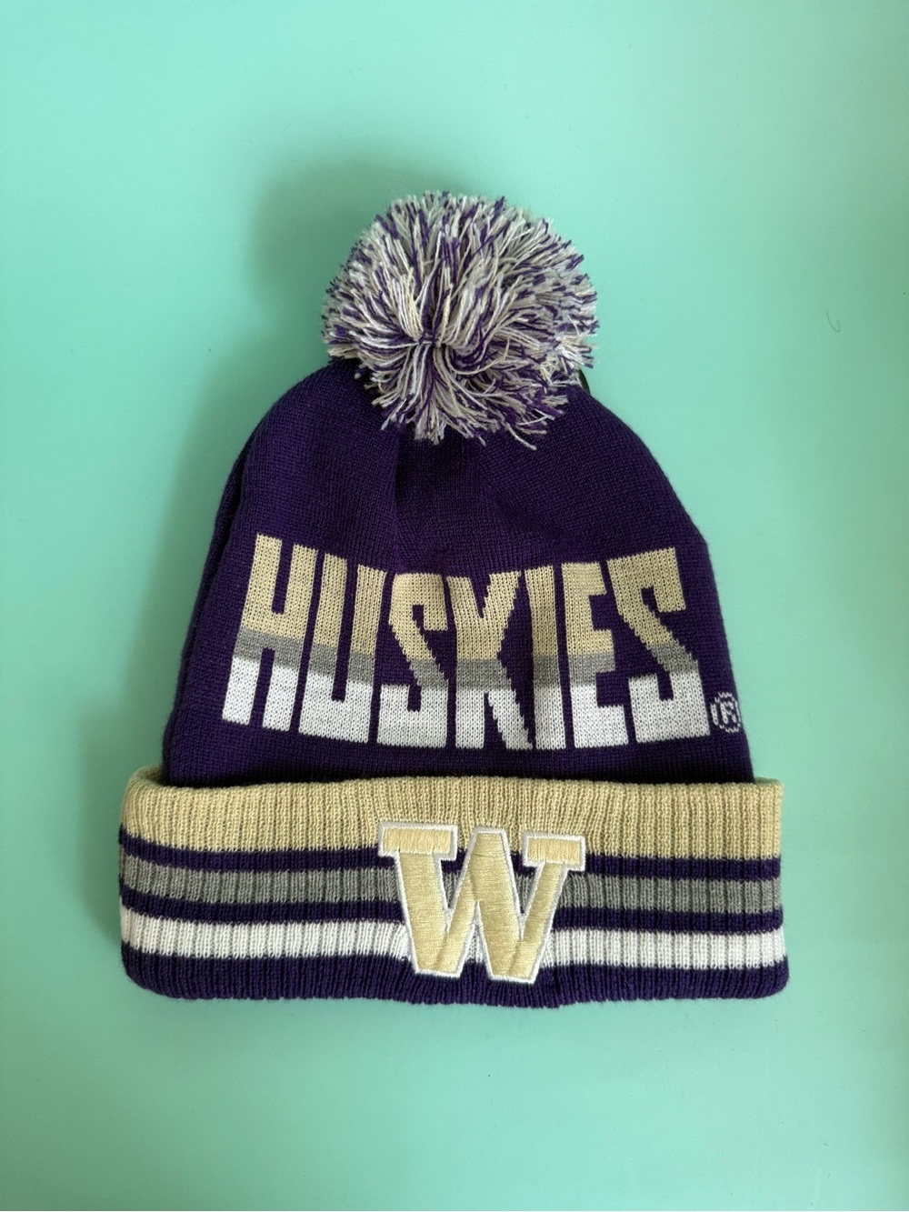 Huskies Purple and Cream Pom Beanie - W Patch